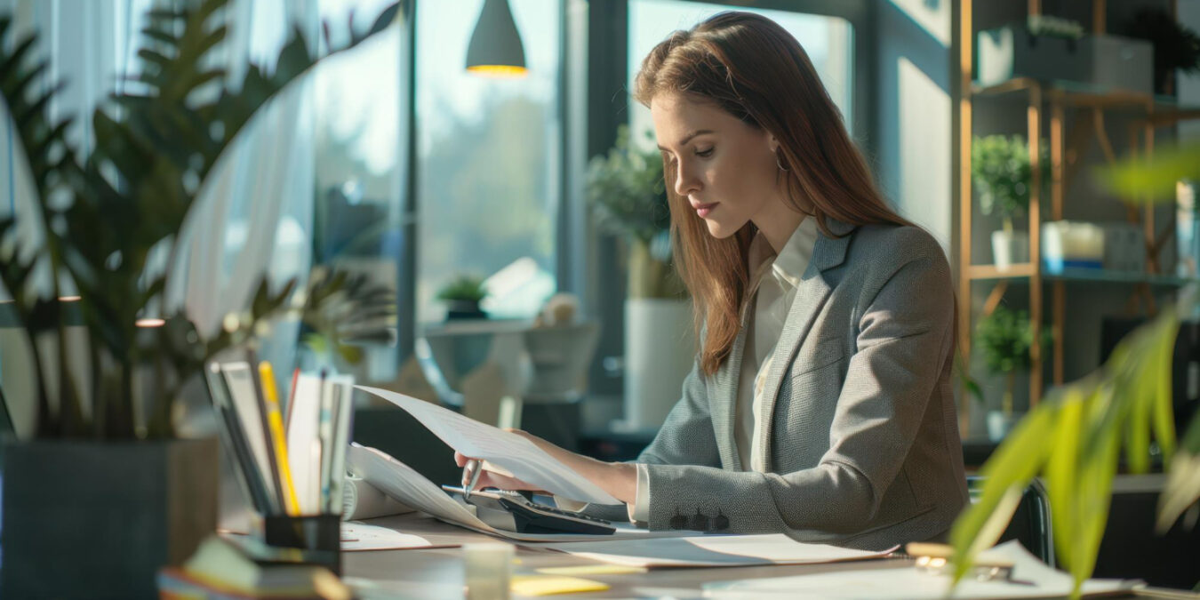 125218 HR professional conducting an annual benefits audit at office desk