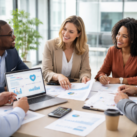 reducing healthcare costs strategy meeting with HR team reviewing employee benefits