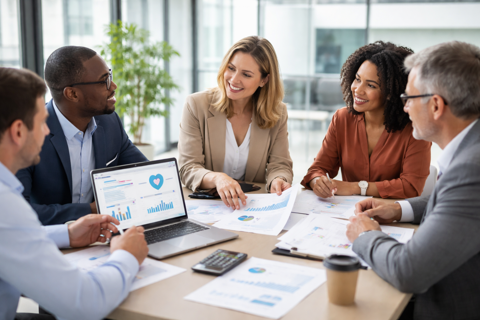 reducing healthcare costs strategy meeting with HR team reviewing employee benefits